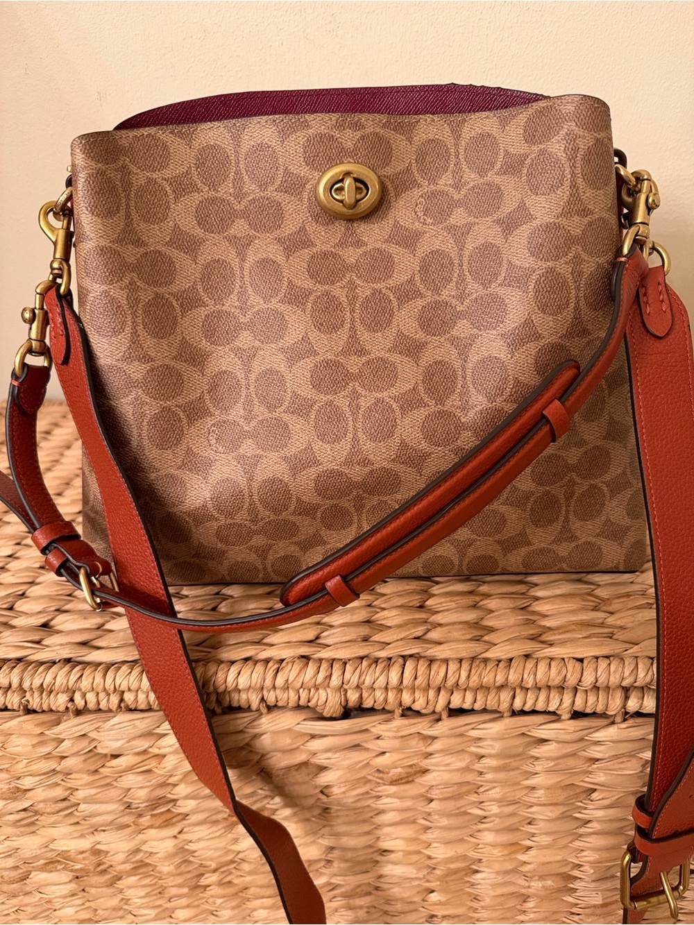 Coach Brown Signature Canvas Crossbody with Rust Strap and Gold Hardware